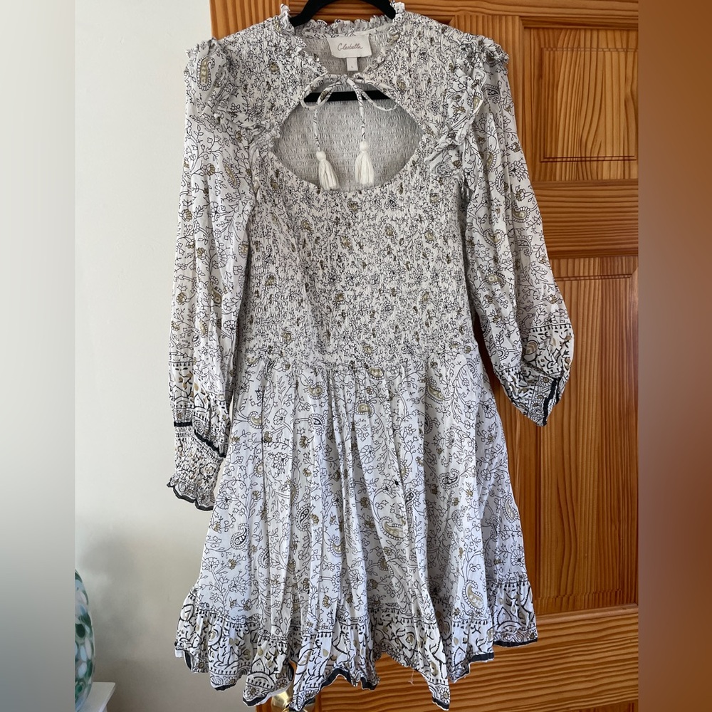 Cleobella White and Black Paisley Long Sleeve Smocked Mini Dress